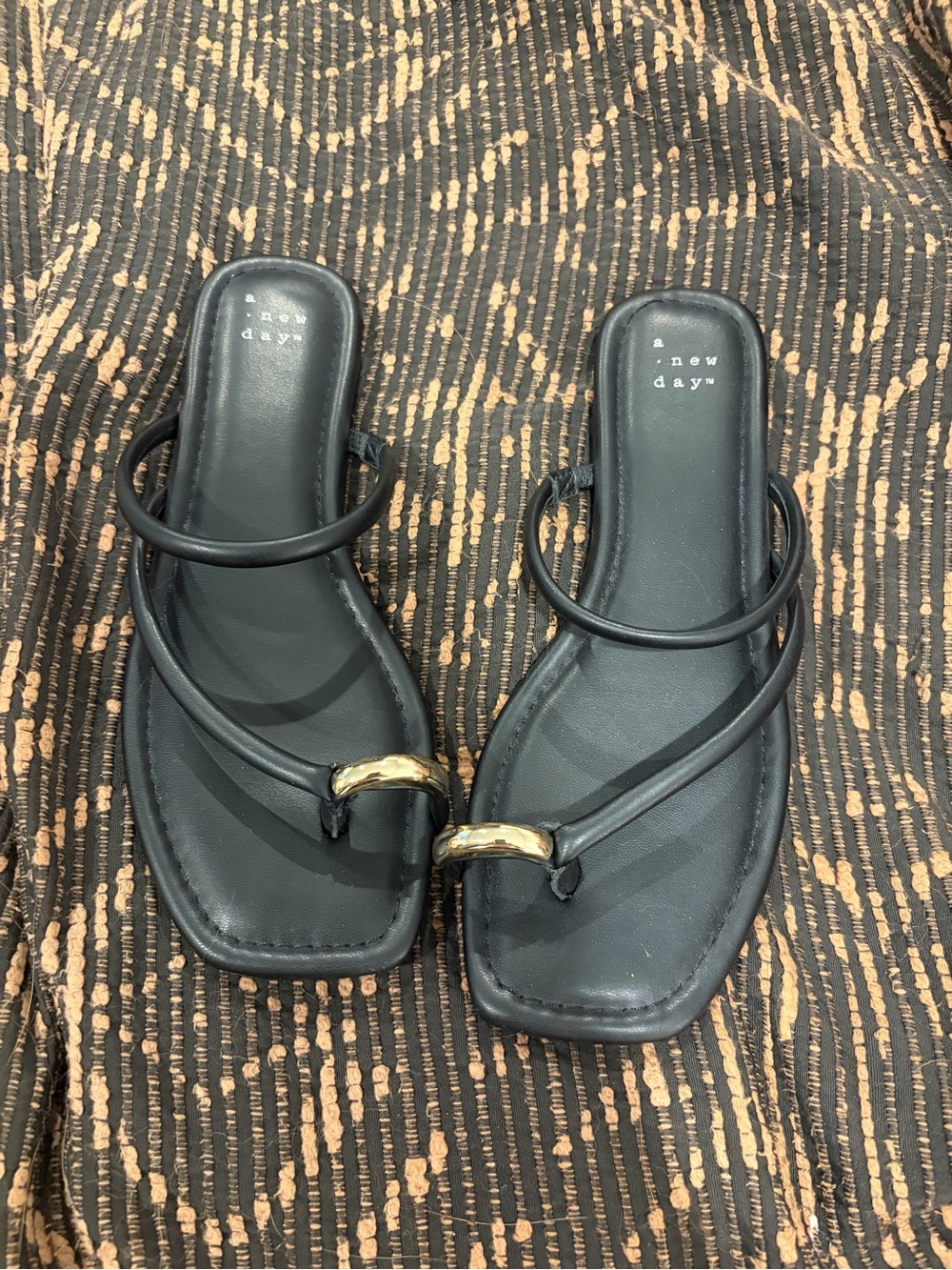 a new day Black Strappy Sandals with Gold Toe Ring Accent